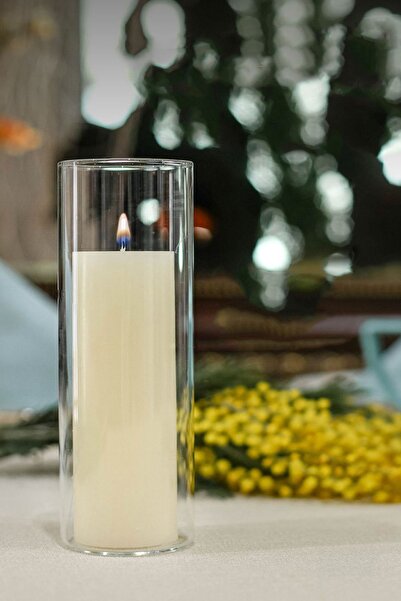 Paşa Cam Sandale albă - Vază decorativă din sticlă cilindră de 18 cm și lumânare