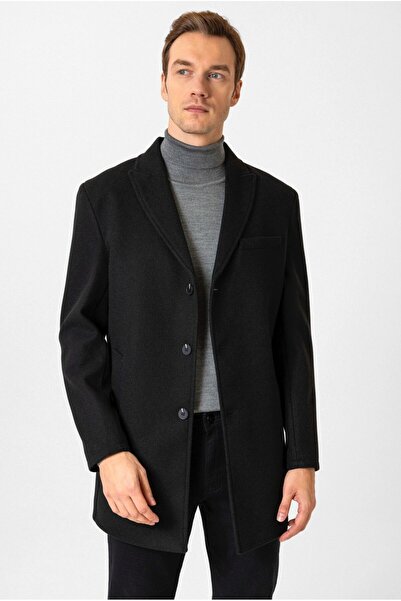 SÜVARİ Slim Fit Pointed Collar Black Cashmere Coat