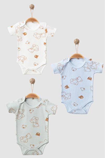 100% Organic Cotton Teddy Bear Pattern 3-Piece Singlet Bodysuit - Long Sleeve - Snap Fastener