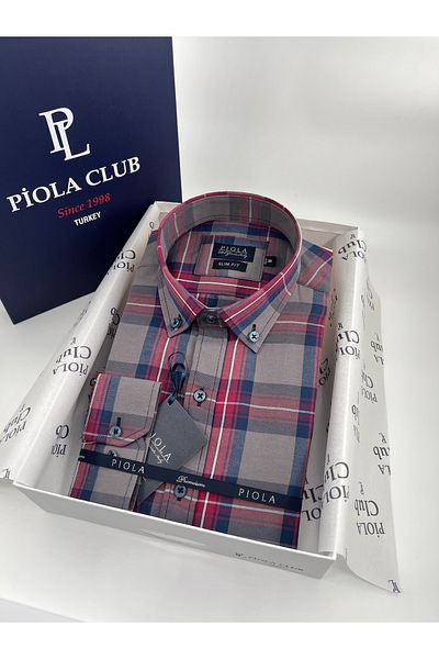 Piola Club Γκρι καρό ανδρικό πουκάμισο με μακρύ μανίκι χωρίς τσέπη