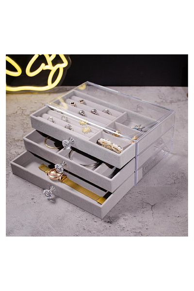 ÖZER KUTU Acrylic 3 Velvet Drawers Jewelry Organizer,Organizer (13X23 cm)
