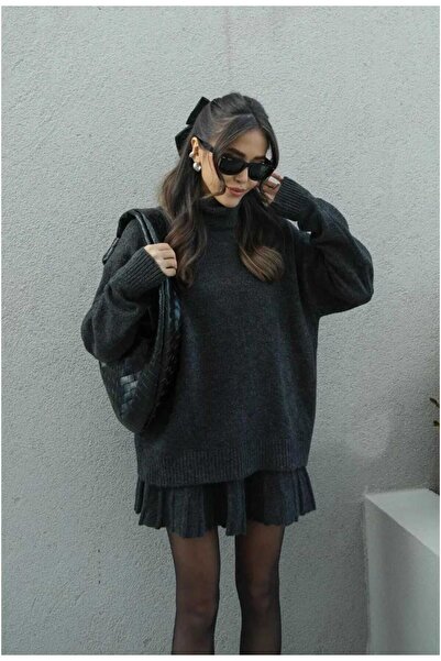 BlueTex Set de tricotaje pulover și fustă mini plisată antracit