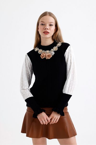 ikomteks Pulover din tricot cu mâneci brodate