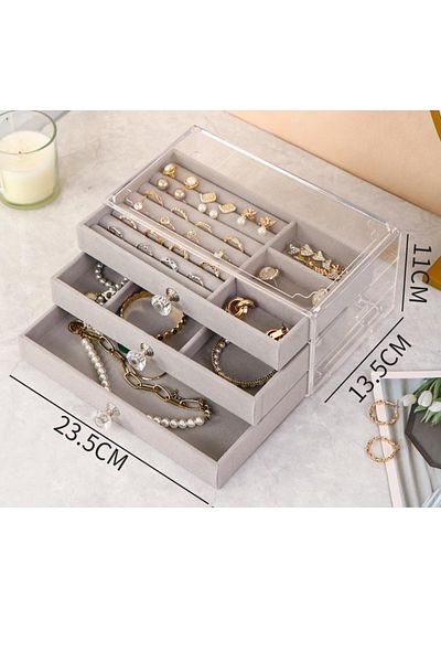ÖZER KUTU Acrylic 3 Velvet Drawers Jewelry Organizer,Organizer (13X23 cm)