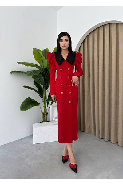Julidress Red Ruffle Baby Collar Gold Button Midi Length Premium Cotton Dress