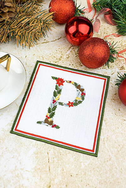 WEARE2 Șervețel de cocktail brodat cu litera P de culoare albă, cu tematică d...