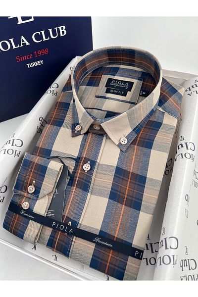 Piola Club Ανδρικό πουκάμισο μπεζ καρό Slim Fit