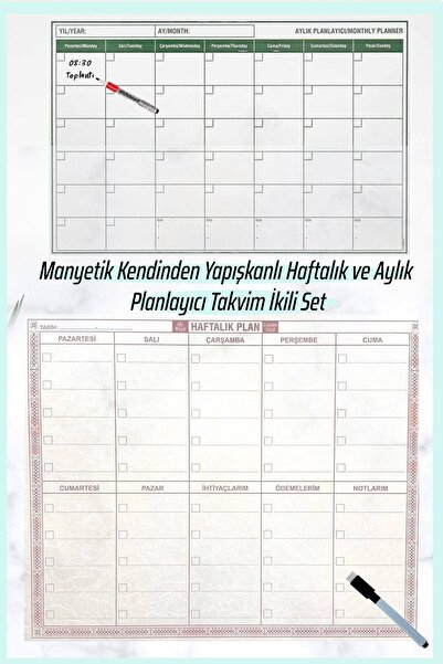 Nactumu Manyetik Kendinden Yapışkanlı Haftalık ve Aylık Planlayıcı Takvim İkili Set
