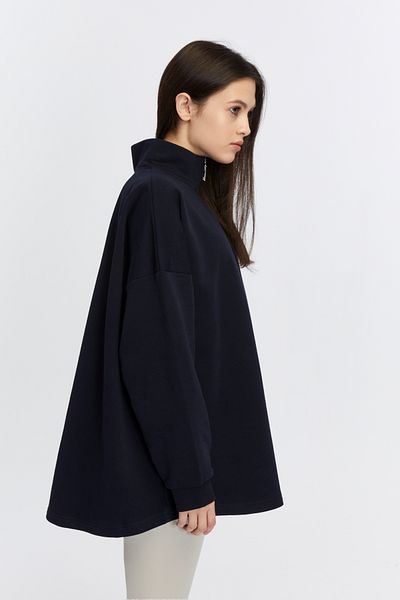 BASICA Jery Women's Navy Blue 100% Cotton Stand Collar Half Zipper Oversize Sweatshirt