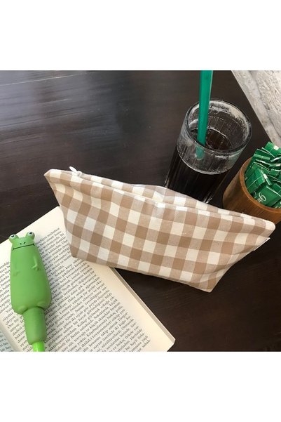 sumicorn Beige Gingham Washable Zippered Single Compartment Cloth Pen Holder Pencil Case Wallet Makeup Bag