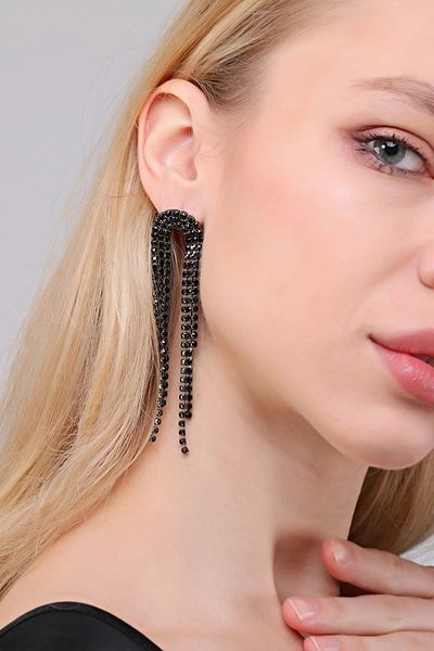 mos&more Black Stone Dangle Long Women's Evening Dress Earrings
