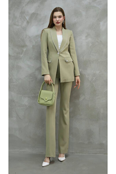 pembekurdelem Kadın Gümüş Detay Ceket Pantolon Takım Haki