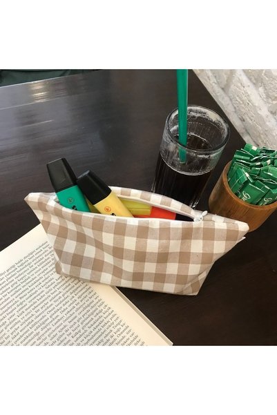 sumicorn Beige Gingham Washable Zippered Single Compartment Cloth Pen Holder Pencil Case Wallet Makeup Bag