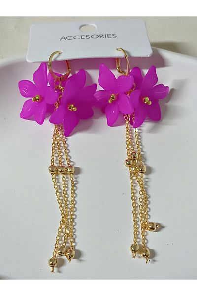 mos&more Purple Flower Gold Dangle Long Women's Earrings