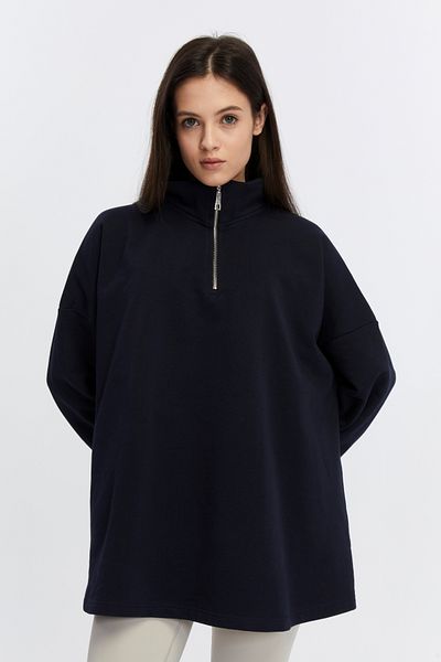 BASICA Jery Women's Navy Blue 100% Cotton Stand Collar Half Zipper Oversize Sweatshirt