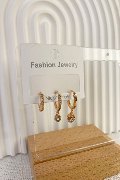 DEMOKAN Kadın Küpe Özel Tasarım 3'lü Yuvarlak Zirkon Taş Halka Küpe