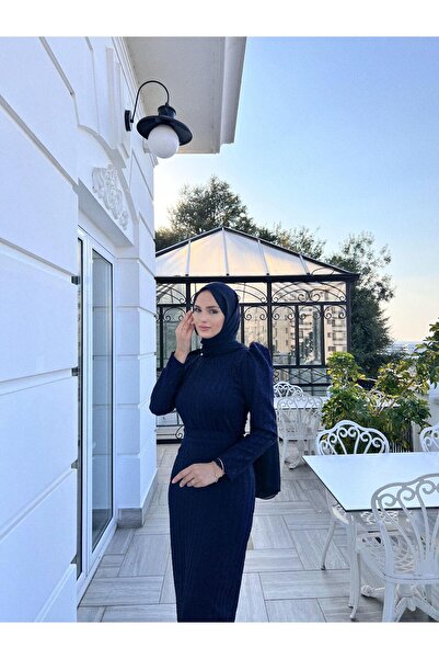 DİSE Kadın Loren Lacivert Şerit Detaylı Belden Kuşaklı Tesettür Abiye Elbise