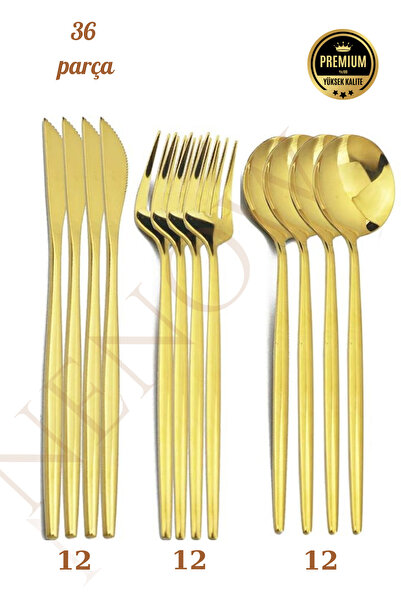 NEWNOW Paslanmaz Çelik Gold Çatal Bıçak Kaşık Seti 36 Parça 12 Kişilik