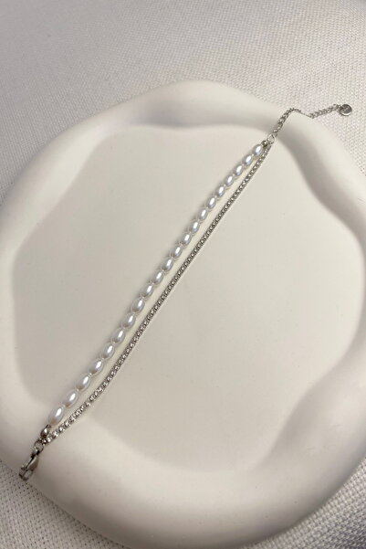 DEMOKAN Kadın Çelik Bileklik 2'li Elips İnci Kare Suyolu Bileklik