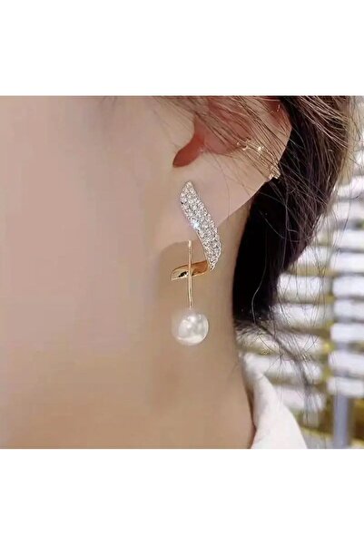 Store Zirkon Taşlı Sallantılı Şık Kadın İnci Küpe