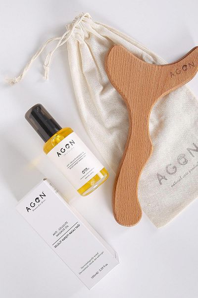 Agon Anti-Cellulite Massage Oil and Wooden Massage Tool Set