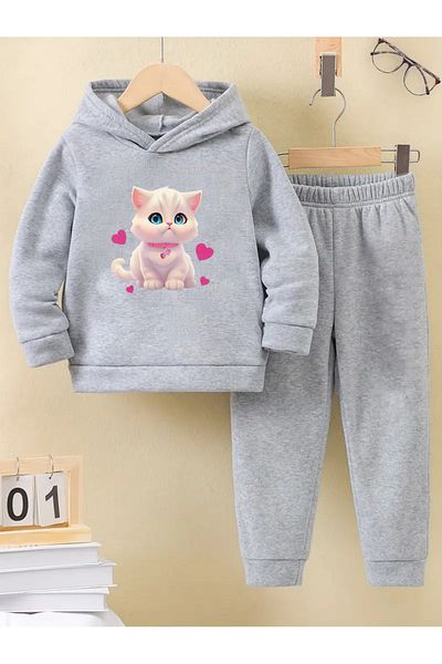 THEKONT White Cat Printed Bottom Cotton Thick Fabric Tracksuit Set Code:2003