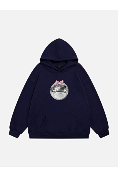 Mad&Calf Жіночий оверсайз-светр з капюшоном, принтом «дзеркальна куля» та флі...