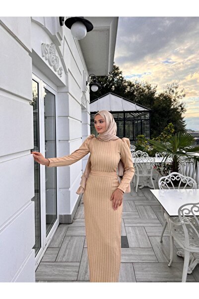 DİSE Kadın Loren Bej Şerit Detaylı Belden Kuşaklı Tesettür Abiye Elbise