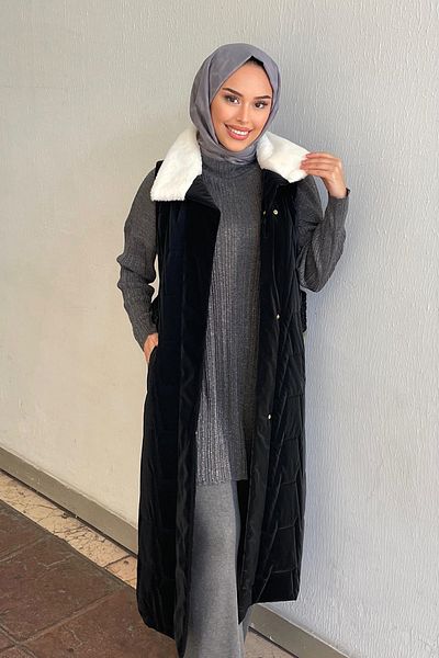 Minel سترة نسائية سوداء طويلة - 021