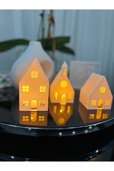KSTECH 3'lü  Set Kış Evi, Noel Evi, Yılbaşı Evi Temalı Dekoratif Süs ve Obje,...