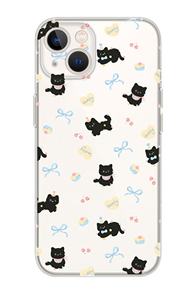 shoptocase iPhone 14/13 Uyumlu Lucky Cat Desenli Şeffaf Silikon Telefon Kılıfı