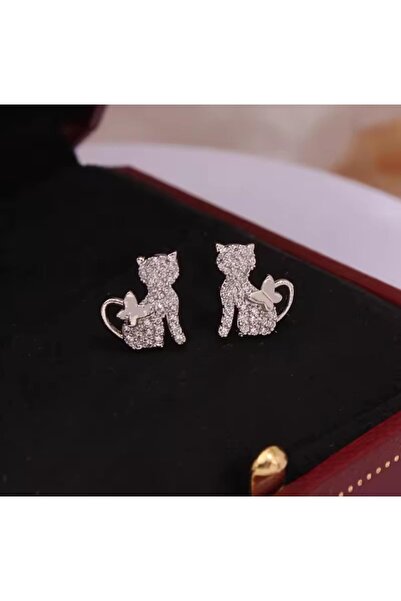 HOBİSY GIFT SHOP Gümüş Kaplama Kedi ve Kelebek Figürlü Zirkon Taşlı Çelik Kadın Küpe