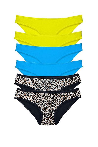 Bernam Butik 6 Pieces Leopard Patterned Lycra Women's Slip Panties - Yellow Blue