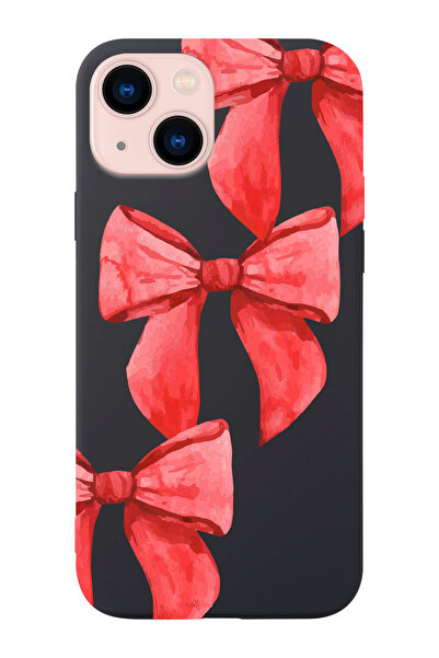 shoptocase iPhone 14/13 Uyumlu Kurdele Desenli Siyah Lansman Telefon Kılıfı