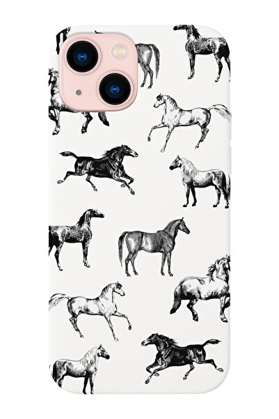 shoptocase iPhone 14/13 Uyumlu At Desenli Beyaz Lansman Telefon Kılıfı