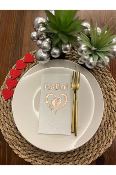 kidspartim Rose Gold Gilded White Hello Baby Footed Napkin 16 Pieces