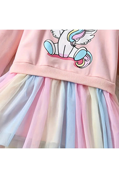 darko Unicorn Gökkuşağı Pembe Sweatshirt Unicorn Baskılı Tütü Etekli Elbise Sweat Elbise Kız Çocuk