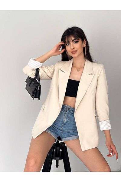 SUXİRCNHTMTS Jachetă blazer de damă cu mâneci cu dungi albe și detaliu pliat