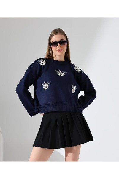 Butik Şenel Pulover la modă cu imprimeu măr și mazăre cu perle