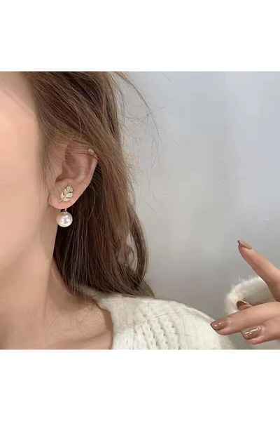 HOBİSY GIFT SHOP Elegant Pearl Detailed Leaf Figured Steel Earrings - Special Design Gold Color