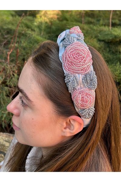 ByMerve BYM 2004 Σχεδιασμός Χειροποίητο Ice Blue Beads Rose Model Γυναικείο αξεσουάρ μαλλιών στέμμα
