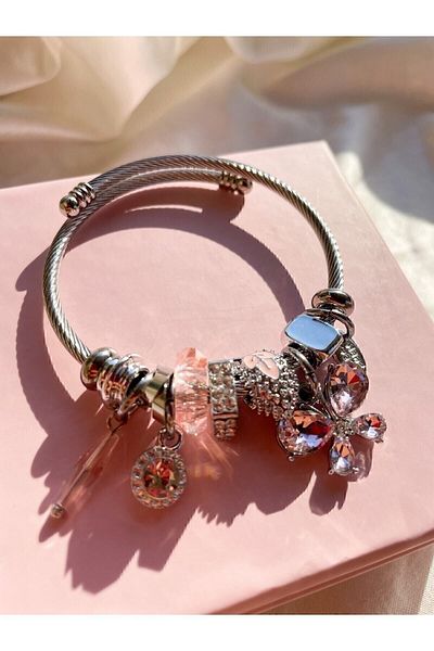 ARYA DESİGN Butterfly Pink Charm Steel Bracelet