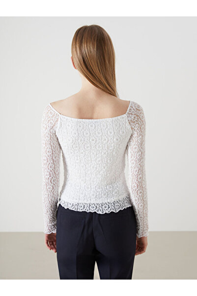 LC Waikiki White Boat Neck Textured Women's Blouse