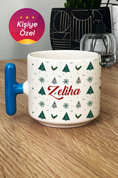 Hedizu Kişiye Özel Ağaç Geyik Desenli Kupa Bardak T Kulplu Mavi Yeni Yıl Yılbaşı Hediyesi 5377DO