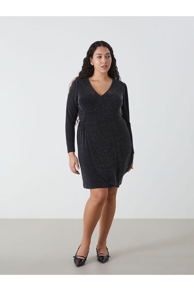 LC Waikiki Black Double Breasted Collar Shiny Dress