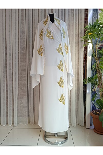 Misue Handmade Φόρεμα προσευχής με κορδόνια με κεντημένο μετάξι Μεδίνα + σάλι, Σετ φόρεμα προσευχής και ρόμπα προσευχής για προίκα