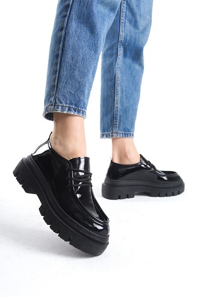 disruptor world Black Patent Leather Oxford Loafer - Classic Lace-Up Women's Shoes