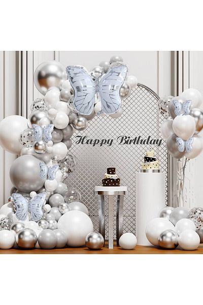 ALYA Σετ γενεθλίων White Butterfly με αλουμινόχαρτο μπαλόνι White Butterfly Birthday Concept