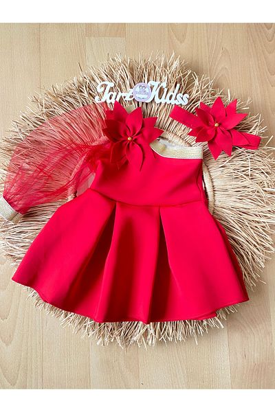 MODA Girl's Dress - One Sleeve Red with Flowers 6 Months - 5 Years