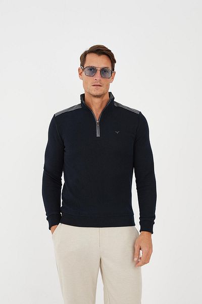 Maccali Men's Streamline Shoulder Patterned Winter High Top Navy Blue Sweatshirt